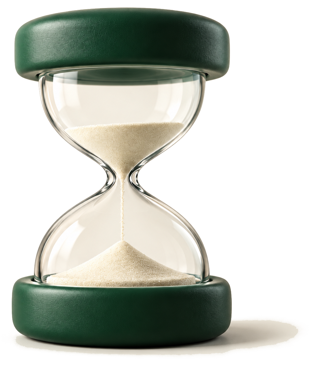 A 3D hourglass with thick forest-green caps, clear glass and cream sand
